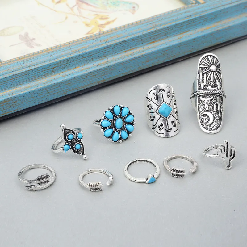 JI84FH Bohemian Tribal Turquoise Stackable Rings Set Hippie Stack of 9 Pieces Gypsy Cactus Thumb Midi Jewelry Beach | Украшения и
