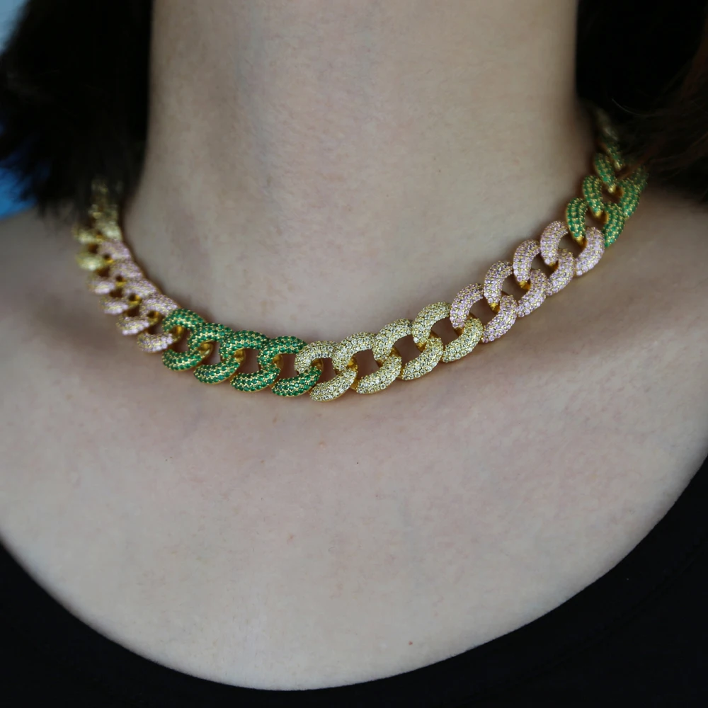 

Женское Ожерелье-чокер в стиле хип-хоп, разноцветное ожерелье из кубинской цепи с радужным кубическим цирконием, массивное Ювелирное Украш...