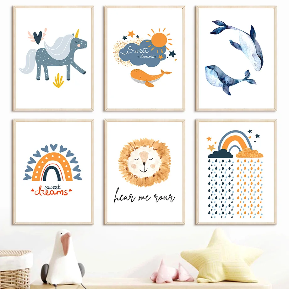 

Whale Unicorn Rainbow Sun Cloud Nursery Wall Art Canvas Painting Nordic Posters And Prints Wall Picture For Baby Kids Room Decor