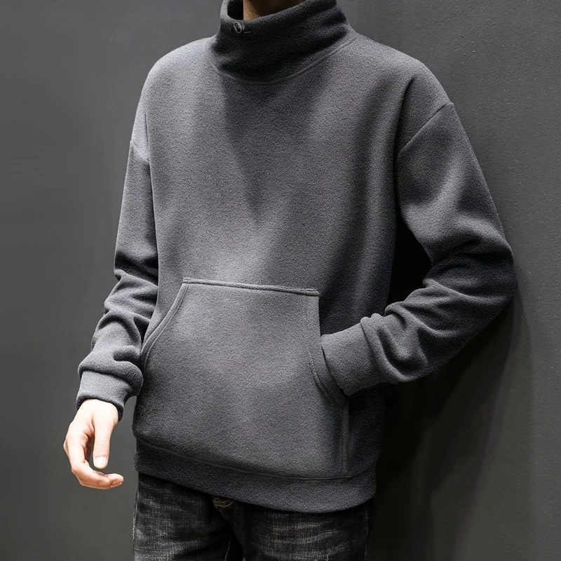 2021 Winter Men Hoodie Polar Fleece Streetwear Harajuku Sweatshirts Zipper Up Neck Men Pullover Fashion Warm Clothing Top