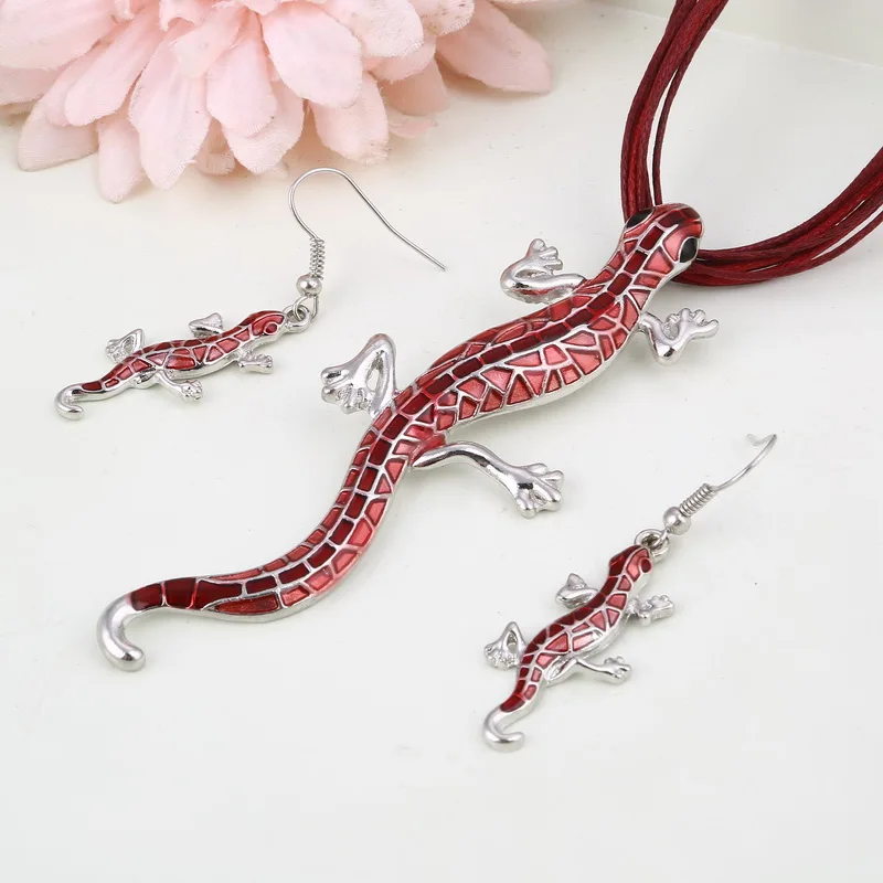 

Fashion Multicolor Dragonfly Gecko Animal Jewelry Sets Stainless Steel Silver Plated Necklace Pendant Red Crystal Drop Earrings