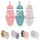 Пеленка и шапочка унисекс для новорожденных, Хлопковое одеяло для приема и постельного белья, милый мультяшный спальный мешок для младенцев 0-6 месяцев