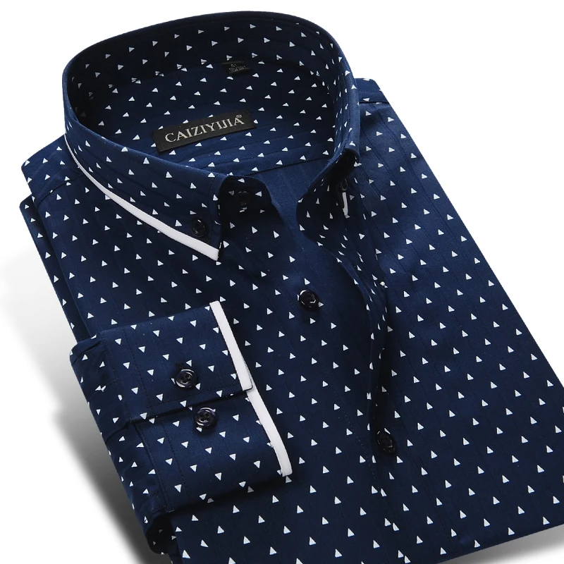 Мужская хлопковая рубашка в горошек/треугольной расцветки повседневная