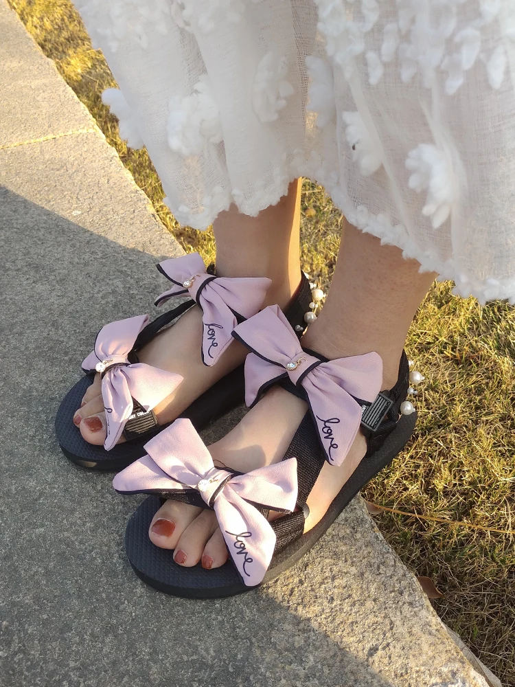 

Large Size 2021 Summer Beach Sandal Woman Luxury Shoes Suit Female Beige Open Toe Big Comfort Girls Bow Black Fashion Flat Peep