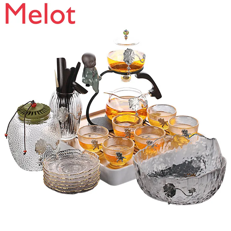 Teaware Zen con incrustaciones de esta&ntilde;o para hombre perezoso, dispositivo de fabricaci&oacute;n de t&eacute; completo y semiautom&aacute;tico, juego de t&eacute; transparente para oficina, juego de tazas de t&eacute; de 6-0