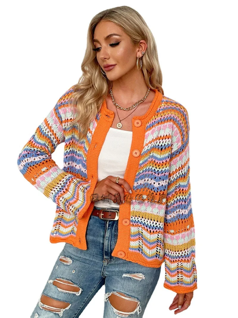 

2021 Autumn Winter New Striped Sweater Women Loose Plus Size Rainbow Knit Buttons Cardigan Women