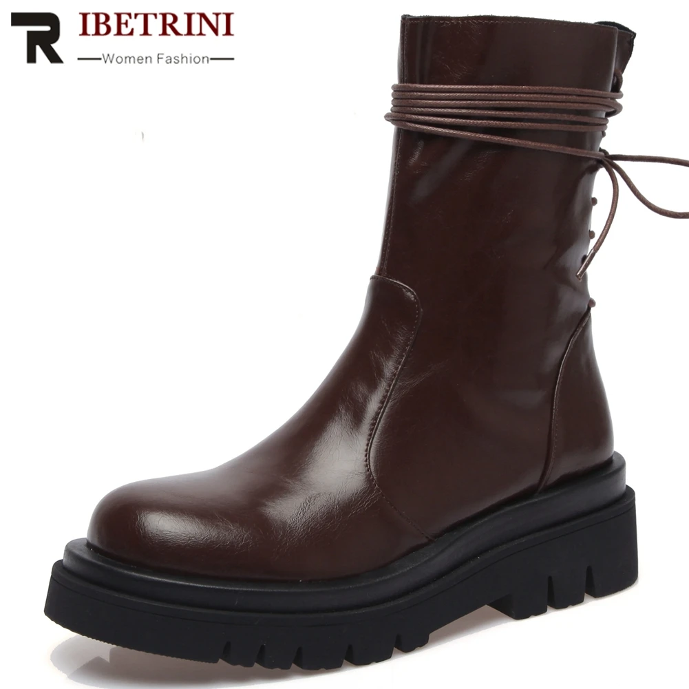 

RIBETRINI Geneine Leather Female Boots New Arrival Cool Ankle Boots Women Zip Spring Autumn shoes lace Round Toe Shoes Woman