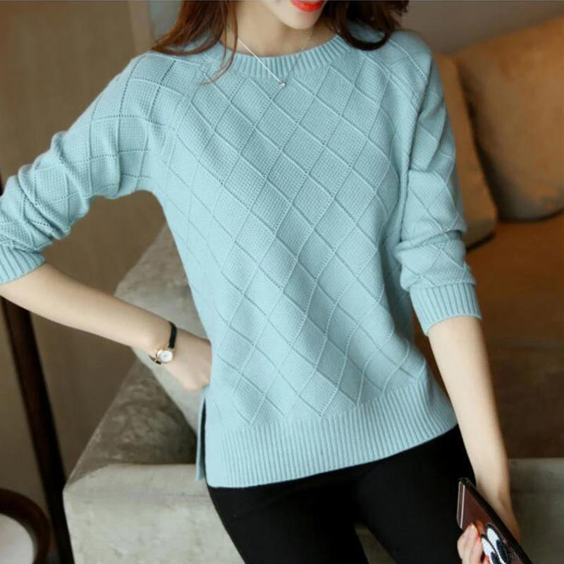 

Solid Argyle O-Neck Knitted Pullovers For Women Casual Side Open Fork Sweater Femme Trendy Korean Knitwear Top Spring And Autumn