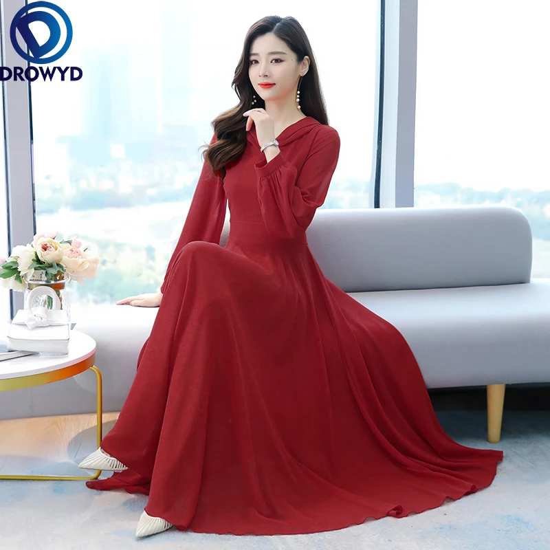 

2021 High Quality Red V-neck Chiffon Long Sleeve Sweet Maxi Dress Autumn Vintage Midi Dress Women Elegant Bodycon Party Vestidos