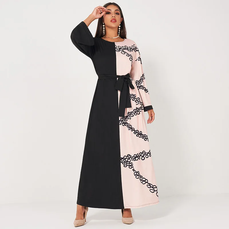 

MAI&FUN New Summer Women Long Dress Print Black & Pink Patchwork Round Neck Wide Belt A-Line Casual Elegant Long Sleeves Dresses