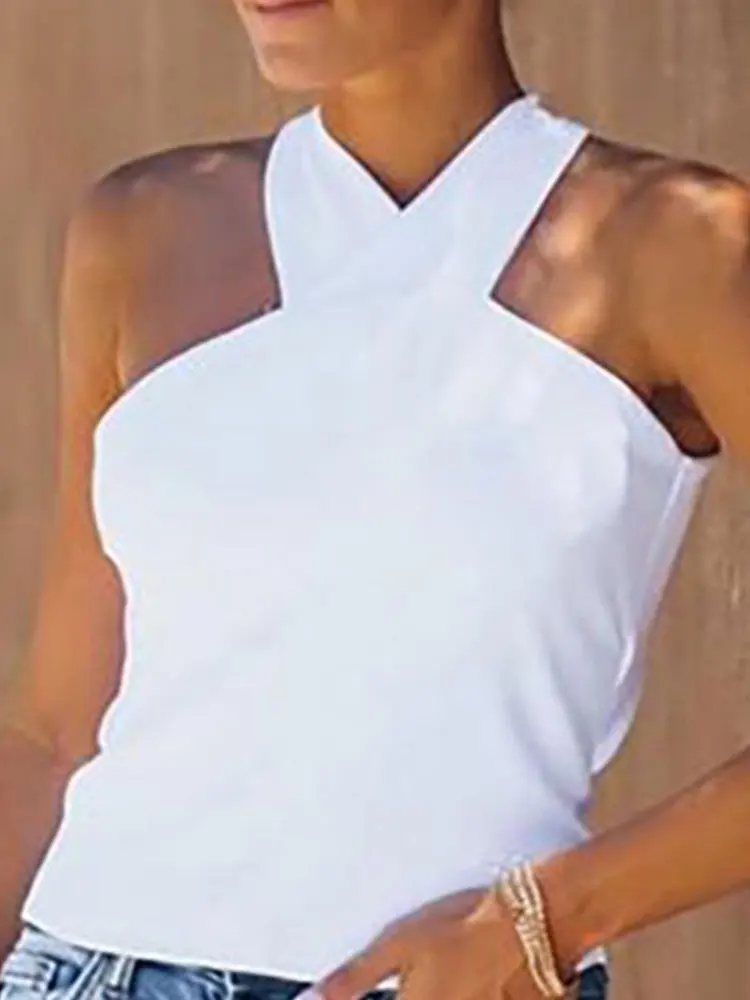 

2021 Spring Summer Sexy Plain Sleeveless Tee Shirts White Halter Open Back Knotted Design Skinny Tops Fashion