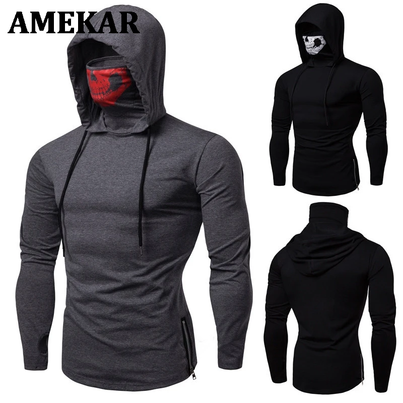 

Long Sleeve Men's Hoodies with Skeleton Print Mask Black Gray Elasticity Coat Moto Biker Style Cool Sweatshirts Men Hoodies