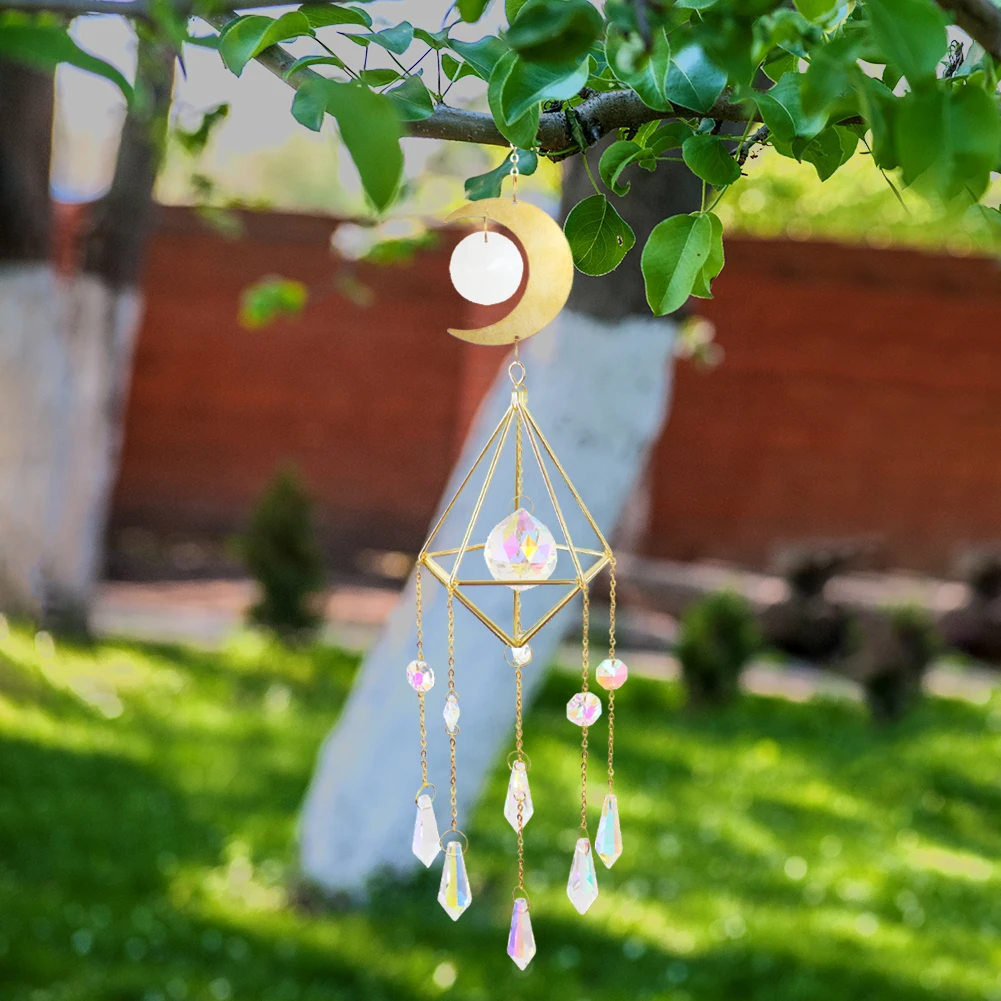 Hanging Prism Home Garden Car Decor Diamond Metal Wind Chime Pointed Bead Flower Frame Moon Crystal Jewelry | Дом и сад