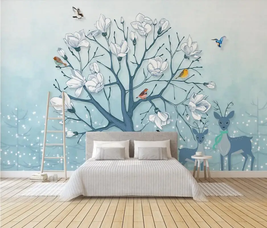 

AINYOOUSEM Magnolia fortune tree elk flowers and birds background papier peint papel de parede wallpaper 3d wallpaper stickers