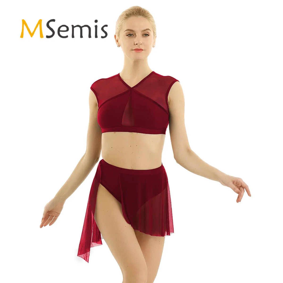 

Women Asymmetric Contemporary Lyrical Belly Dance Outfits Ballet Tutu Dance Wear Female Splice Crop Top with Ballerina Skirt