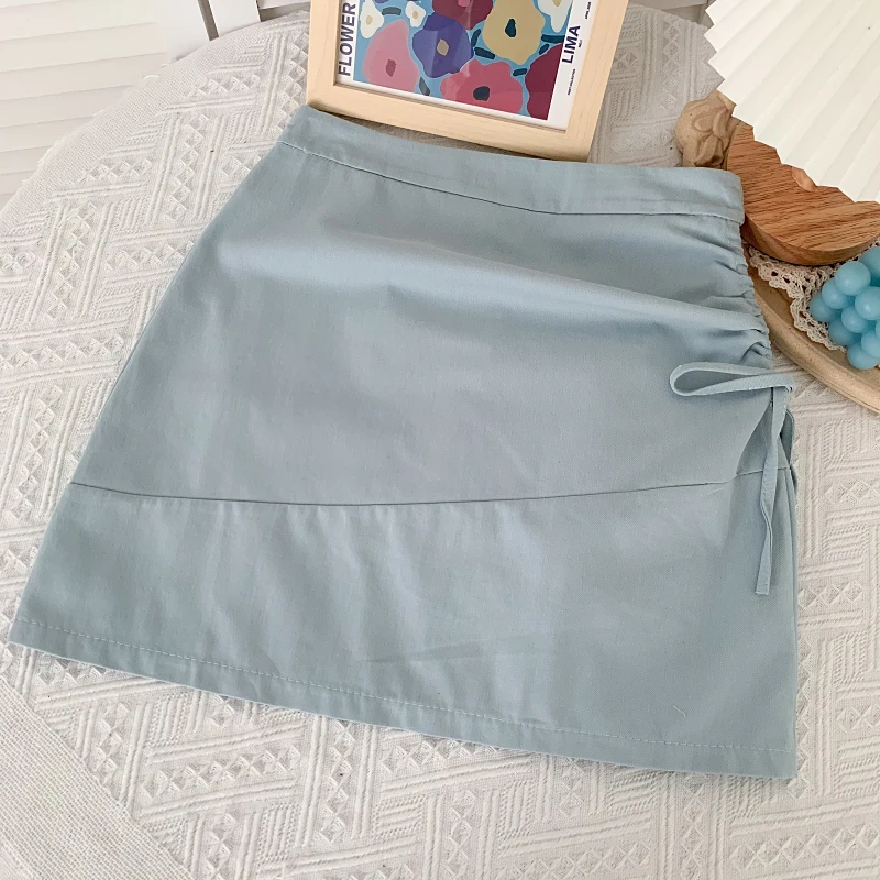 

Fitaylor New Summer Women Casual High Waist Solid Color Mini Skirts Sweet Folds Drawstring A-line Office Lady White Pink Skirts