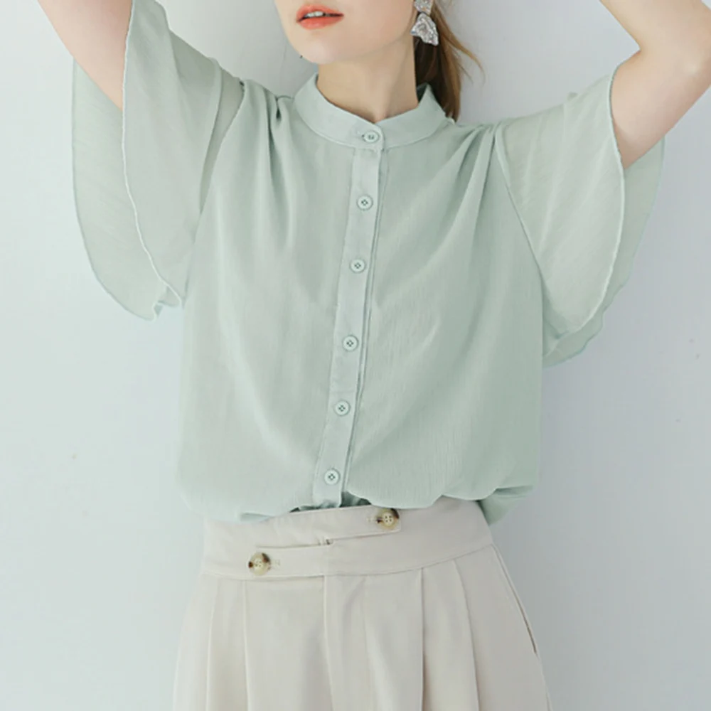 

2021 Summer New Loose All-match Stand-up Collar Solid Color Lotus Sleeve Chiffon Blouse Japanese Style Fashion Casual