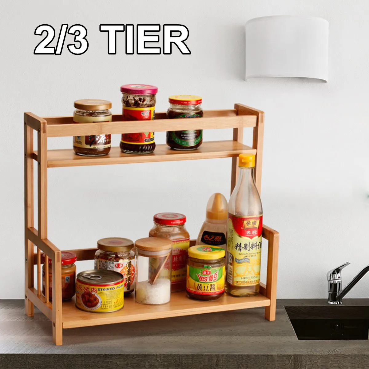 

2/3 Tier Kitchen Storage Spice Organizer Storage Rack Shelf for Home Multi-Function Natural Wood Food Holder Organizer Shelves