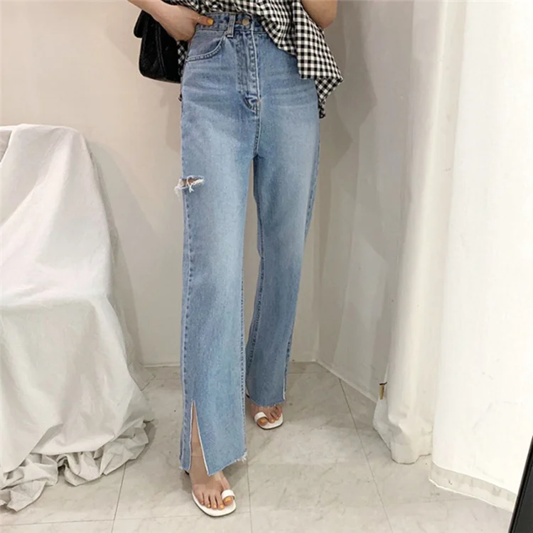

Trousers Ripped Denim Raw Edge Slit Wild Ankle-Length Pants New 2020 Women Summer Autumn Jeans Casual High Waist