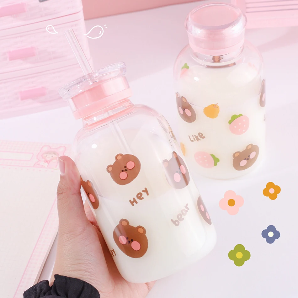 Новинка 450 мл Kawaii клубника медведь стеклянная бутылка для воды с соломенной милой