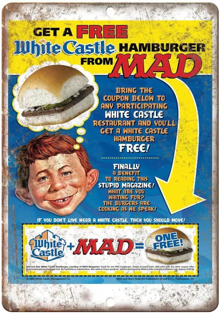 

Adkult White Castle MAD Magazine Hamburger 12" X 9" Retro Look Metal Sign N244