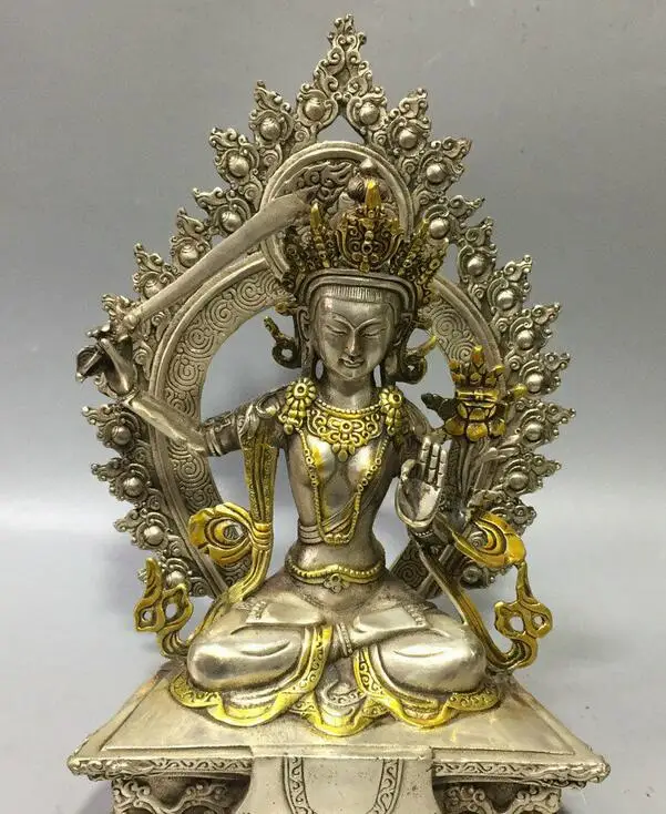 

10" China Silver Gilt Carving Buddhism Wenshu Manjushri Buddha Hold Sword Statue