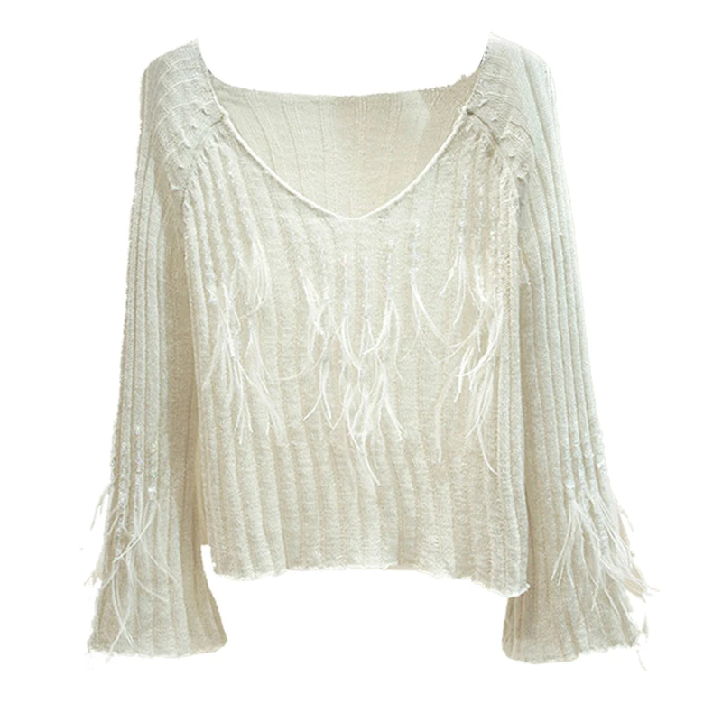 2021 Lazy Wind Knitted Sweater Womens Low-collar Feather Decorative Sweaters Female Loose Outside Pullovers Top Feminino | Женская