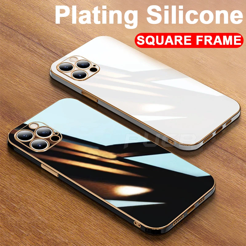 

Luxury 6D Plating Soft Silicone Square Frame Case for iPhone 11 12 Pro Max Mini XR X XS 7 8 Plus SE 2020 Shiny Phone Cover Coque