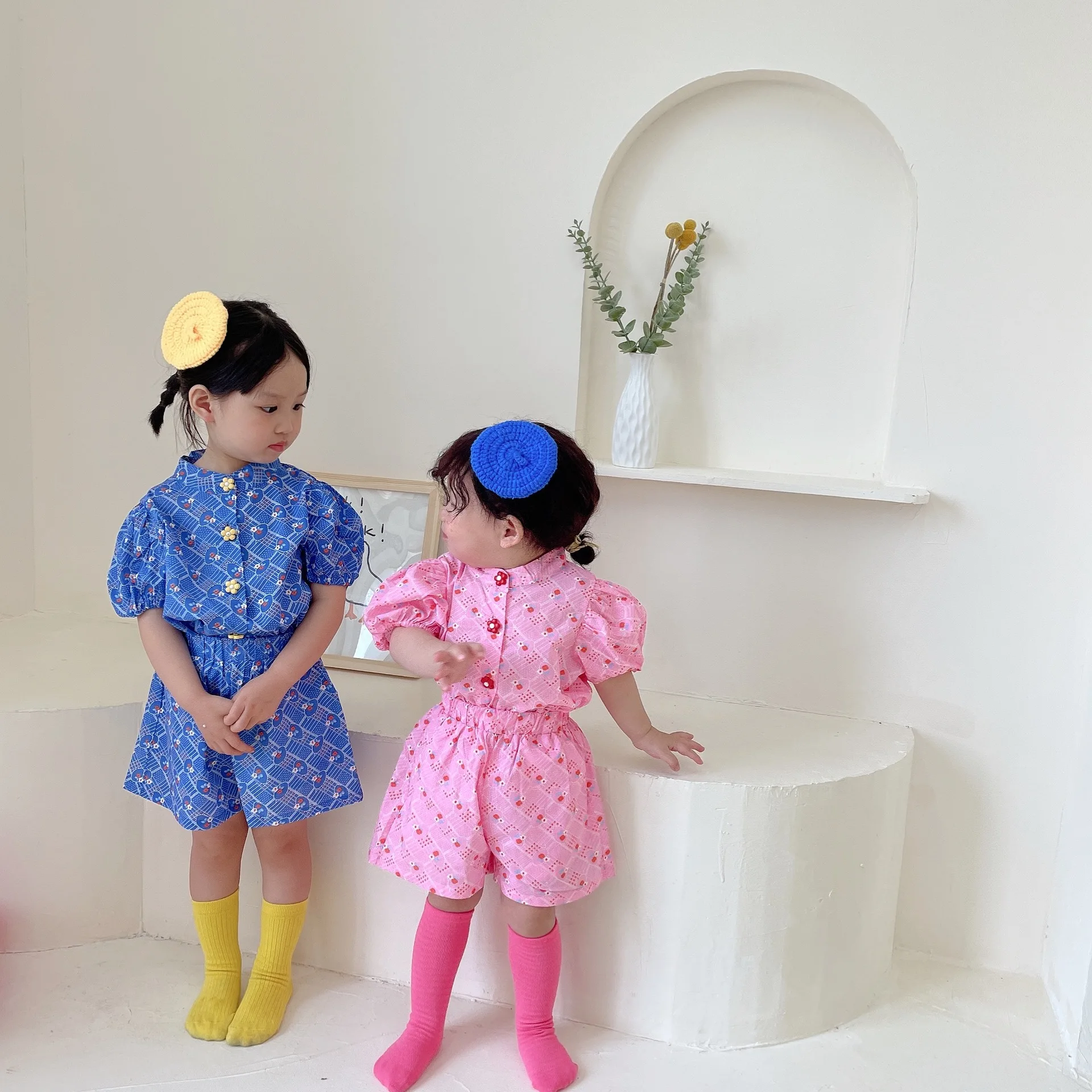 

21 Summer Korean New Girls' Short-Sleeved Suit Cotton Floral T-shirt Shorts Two-Piece Set