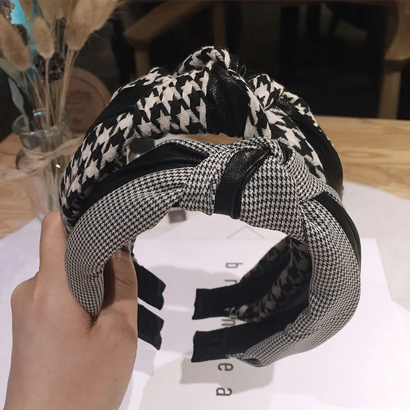 

New Fashion High Quality PU Leather Hairband Wide Side Headband Women Plaid Stitching Headwear Casual Hair Accessories Hair Hoop