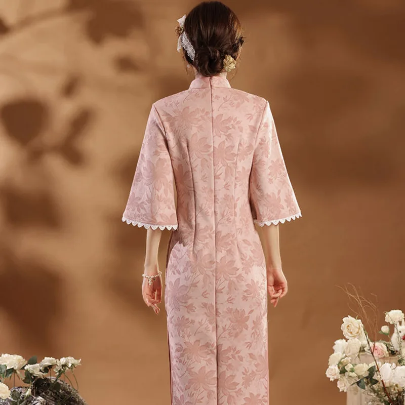 Женское винтажное платье-Ципао розовое элегантное приталенное платье в