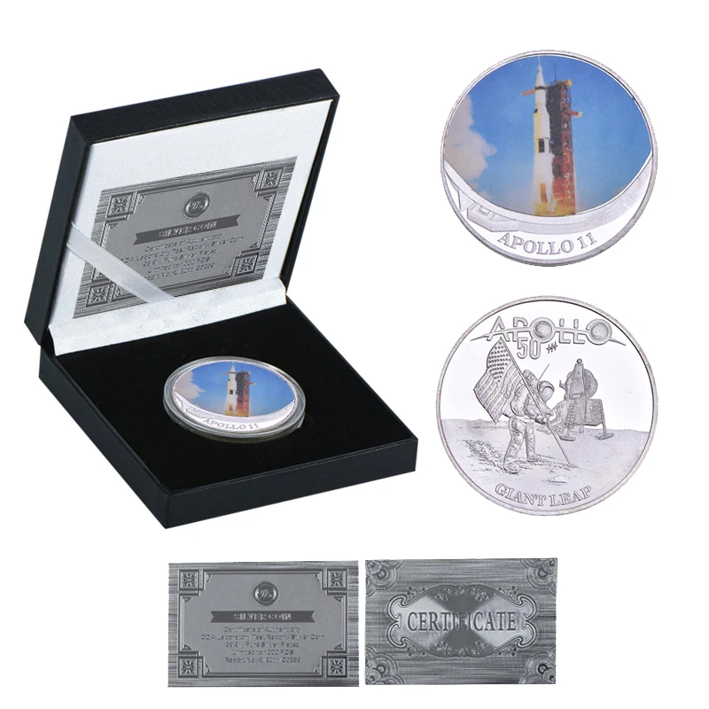 coin2 with box WR Apollo 11 50th Anniversary серебряные коллекционные монеты с держателем для монет оригинальная монета для вызова медаль США коллектор дропшиппинг - Цвет: coin2 with box