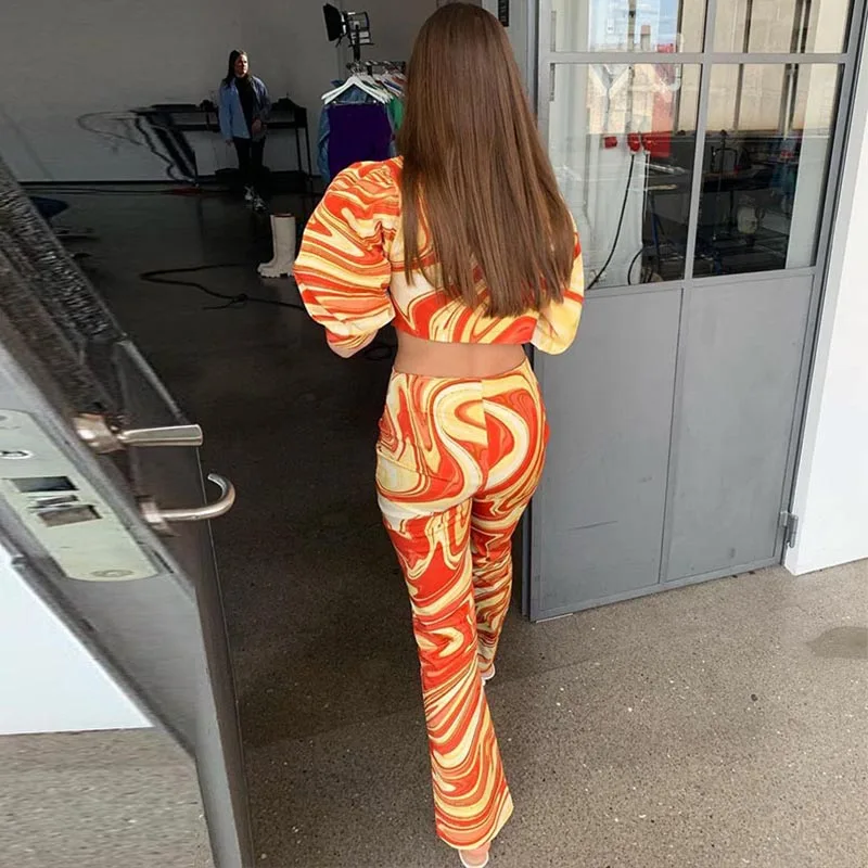 

2021 Autumn Winter Fashion Women Printed Orange Pant Set Long Sleeve Crop Tops Blazer Suit 2 Two Piece Trouser Set Female