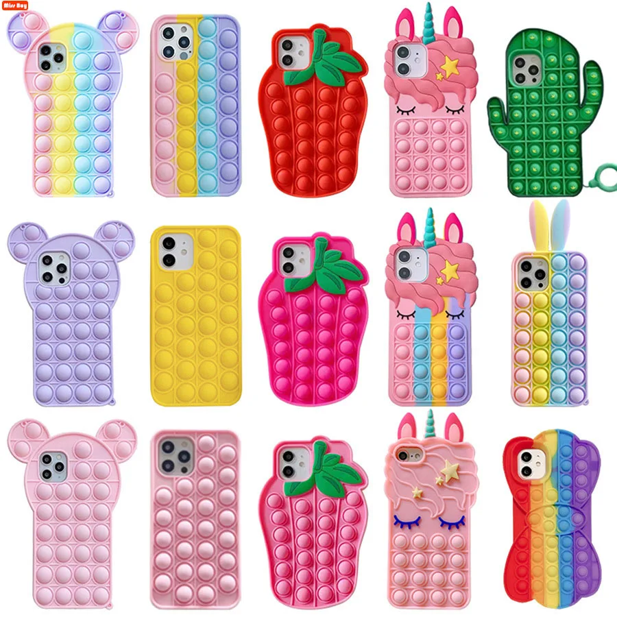 

Pop Fidget Toys Push Bubble Silicone Beans Case For iPhone 11 Pro 12 6 6s 7 8 Plus X XR XS MAX Cover 3D Rainbow Cartoon Cover