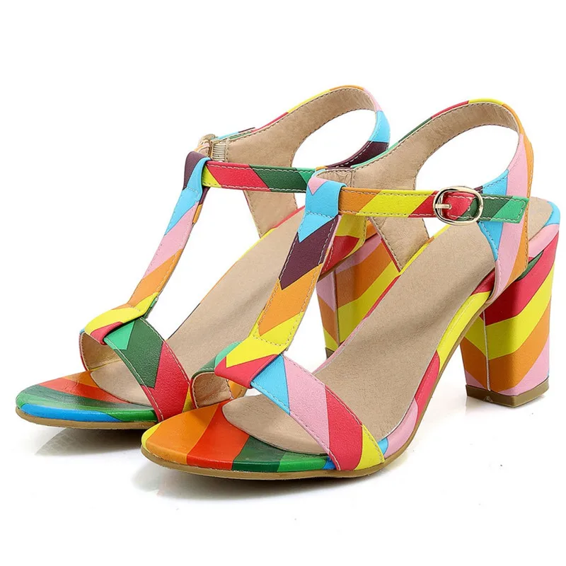 Женские сандалии на высоком каблуке AGODOR радужные с Т-образным ремешком и пряжкой