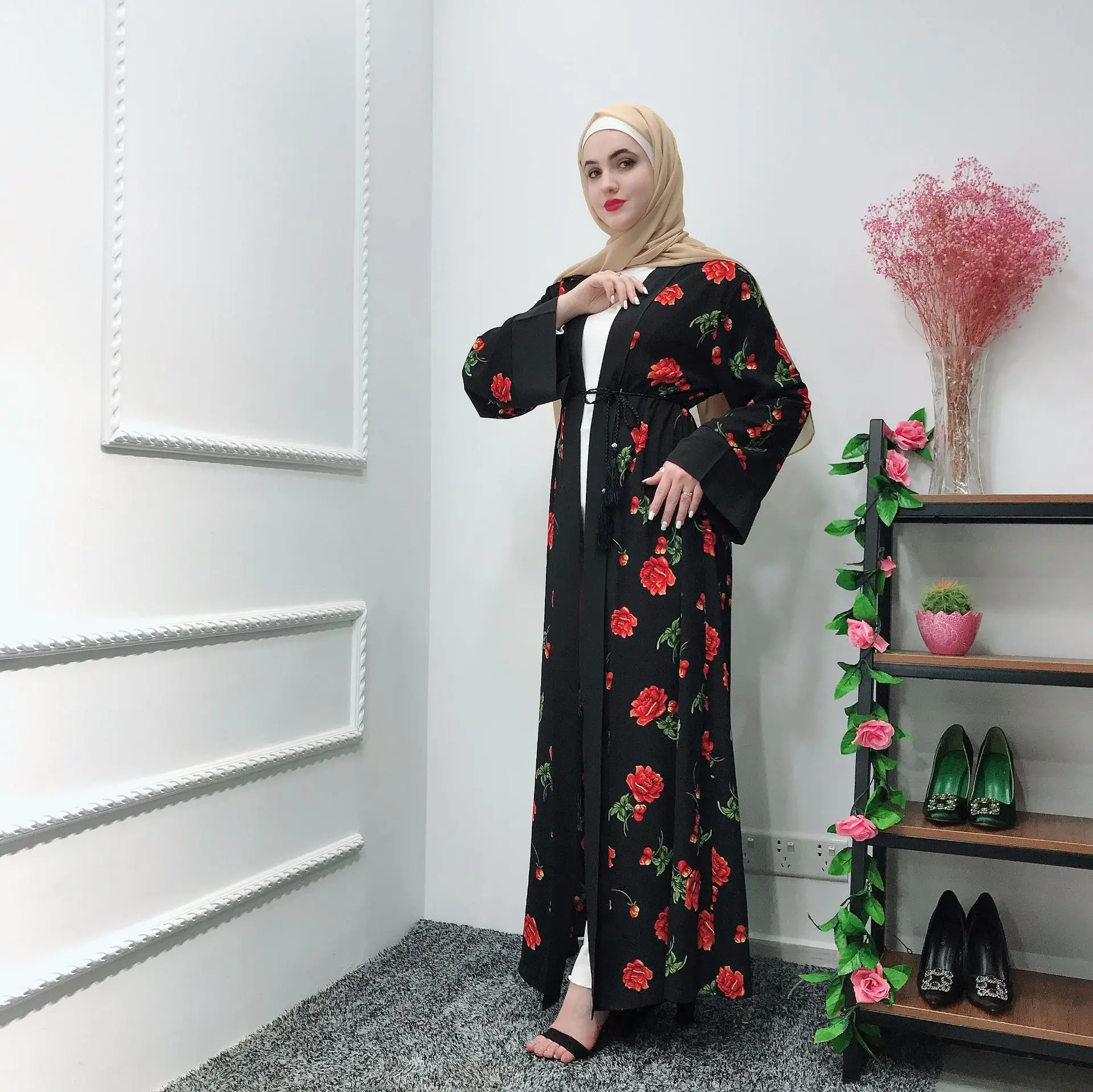Элегантное мусульманское платье с принтом абайя Дубай цветочный кафтан кардиган