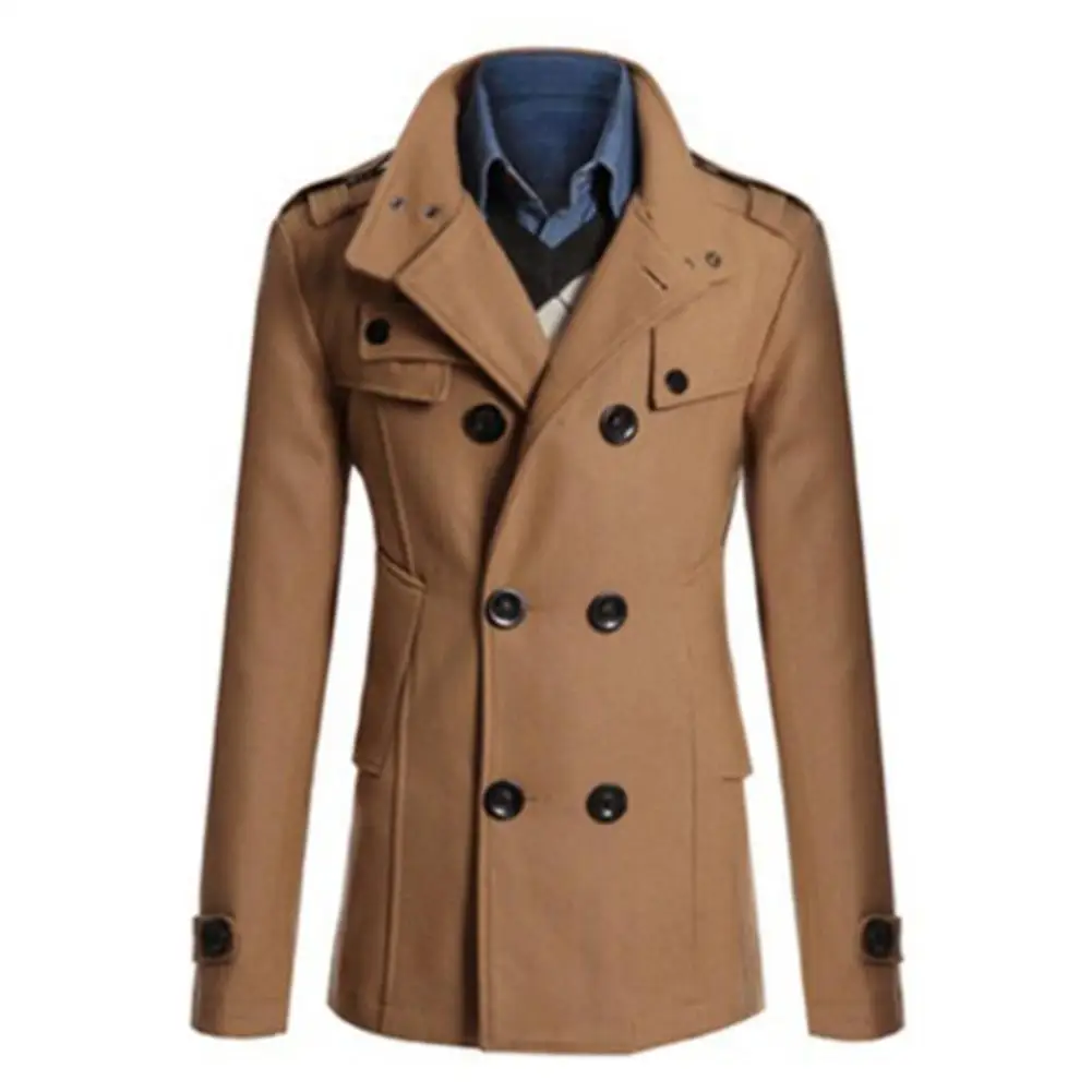 

50% New Arrival !!!Stylish Men Winter Stand Collar Long Sleeve Double-breasted Woolen Trench Coat