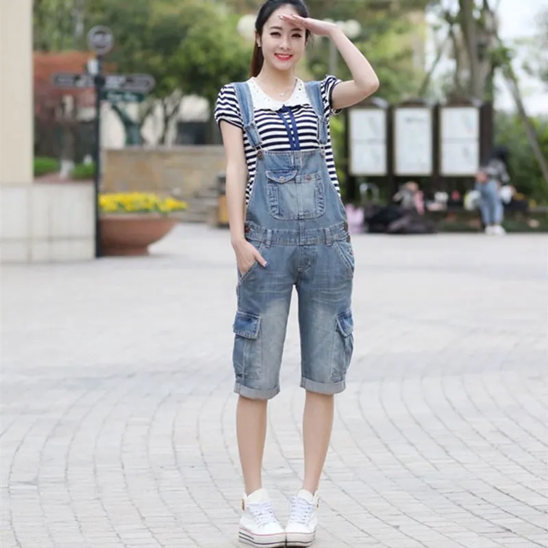 Free Shipping 2021 New Fashion Loose Straight Denim Bb Pants Spaghetti Strap Knee-length Pants With Pockets Jumpsuit And Romper