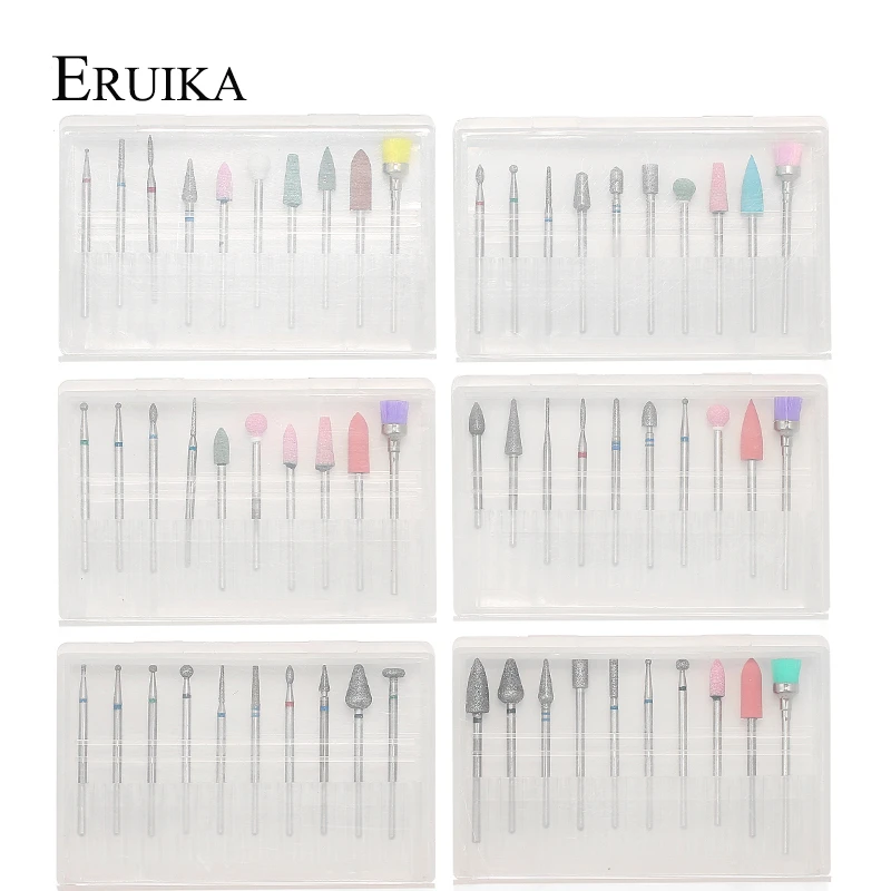 ERUIKA, 10 шт., набор сверл для ногтей, пилочки для ногтей, электрическая машинка для маникюра, вращающиеся сверла, полировальные инструменты, фрезы, аксессуары для маникюра
