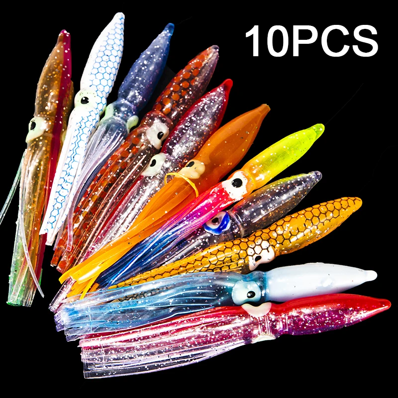 

10pcs Soft Lure Squid Skirts 8cm Artificial Bait Lures Octopus Wobblers Rubber Tuna Kingfish Sailfish Baits