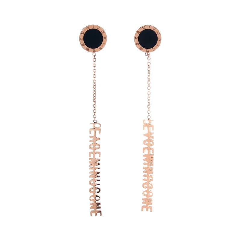 

Bohemia Black Roman number Tassel Dangle Earrings Rose Gold Stainless Steel Party Geometric Charm drop Earrings For Women Gift