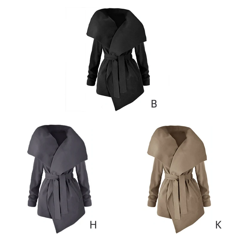 

New Women Autumn Winter Woolen Solid Color Coat Slim High Waist Belt Long Sleeved Wild Casual Long Tops Y1 New*