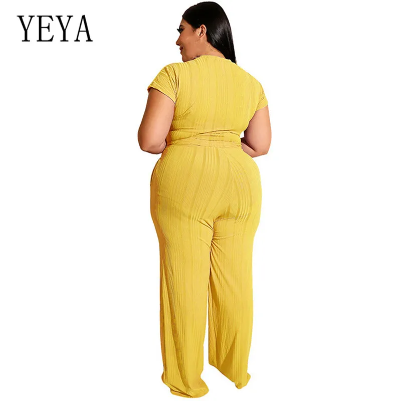 YEYA большой Размеры 4XL 5XL Винтаж широкий комбинезон с длинными рукавами комплекты из двух предметов комбинезон с коротким рукавом Для женщин костюмы «плюс сайз» Повседневное комбинезоны
