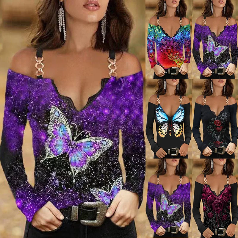 

2021 European American Women's Clothing Tops Metal Sling Lace V-Neck Long Sleeve Off-The-Shoulder Top T-shirt Women