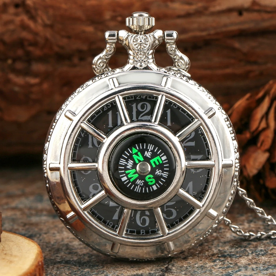 

Antique Retro Compass Design Hollow Skeleton Black Starry Dial Steampunk Quartz Pocket Watch Necklace Chain Pendant Clock Gifts