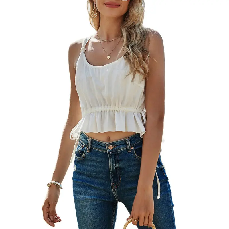 

Women Drawstring Sleeveless Cropped Top Cami Summer Holiday Vest Tank Casual Tee