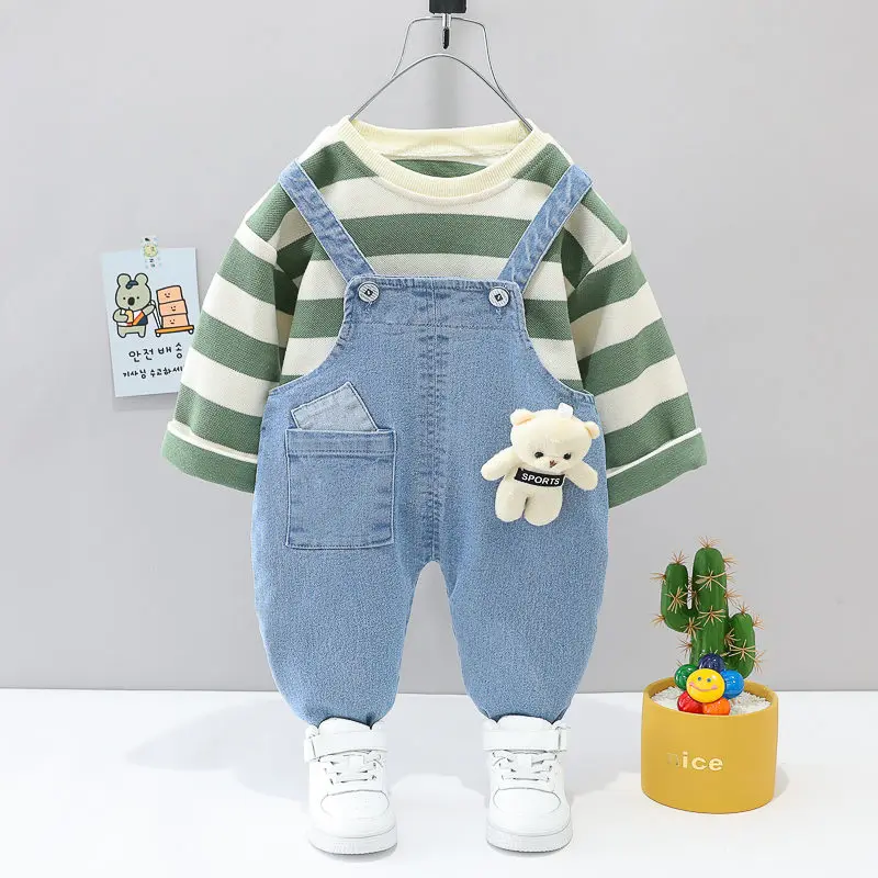 

2 шт./комплект, детский хлопковый джинсовый костюм с капюшоном и футболкой