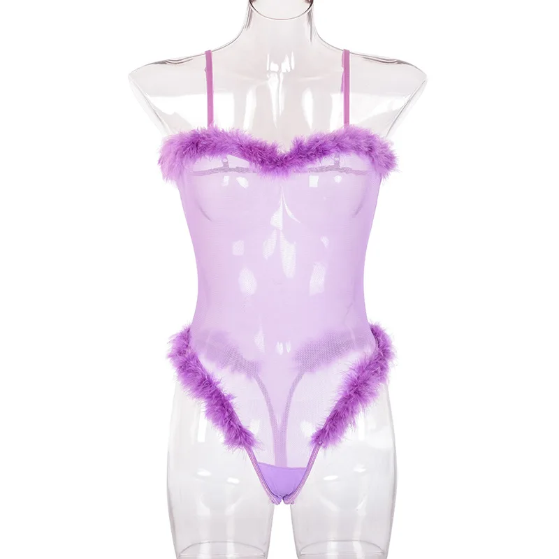 

Women's Christmas clothes Europe export mesh hollow perspective feather sexy sexy jumpsuit mesh three-point underwear bra set