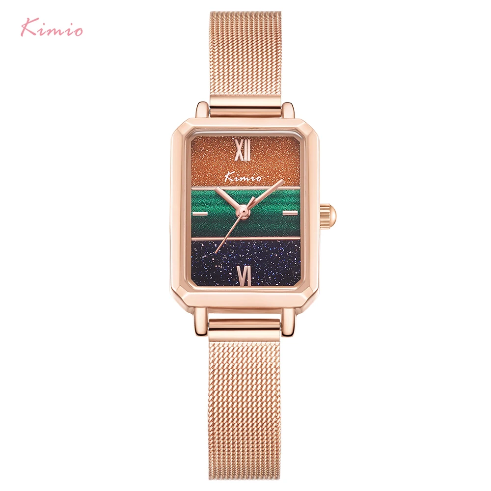 Женские прямоугольные часы KIMIO кварцевые с простроченным циферблатом и звездным