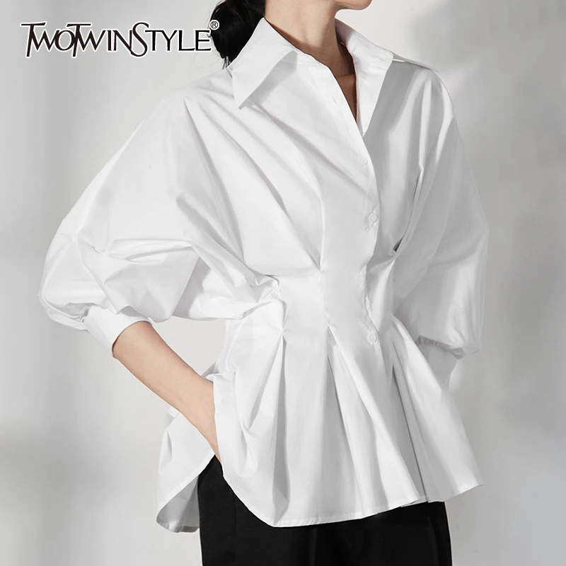 

TWOTWINSTYLE White Casual Fold Pleated Women's Shirt Lapel Puff Short Sleeve Gathered Waist Slimming Blouses Female 2021 Stylish